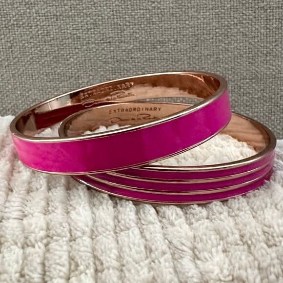 Oscar de la Renta Extraordinary Pink Enamel & Gold Tone Bangle Bracelets- 2pc - Picture 1 of 4